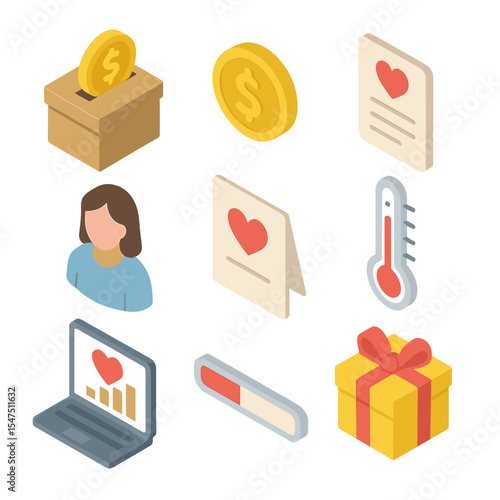 Fundraising Icon Set. Isometric Flat icon set of fundraising campaigns: donation box, dollar sign coin, pledge card, donor avatar,