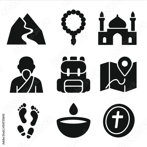 Pilgrimage Icons Collection. Solid, filled icons set of pilgrimage and sacred journeys: mountain trail, prayer