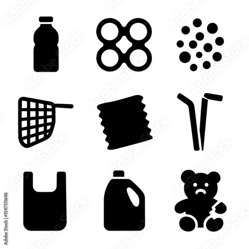 Plastic Pollution Icons. Solid, filled icons set of plastic pollution sources: plastic bottle, six-pack ring,