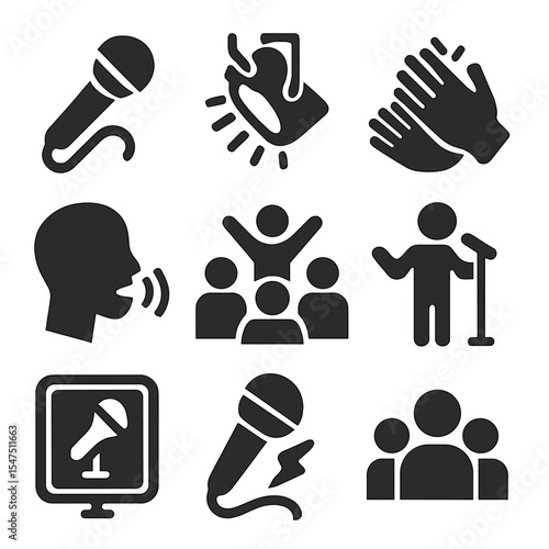 Poetry Performance Icons. Solid, filled icons set of poetry performance: microphone, stage spotlight, clapping