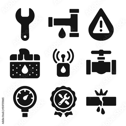 Plumbing Icons Grid. Solid, filled icons set of plumbing and leak detection: wrench tool, pipe icon, water