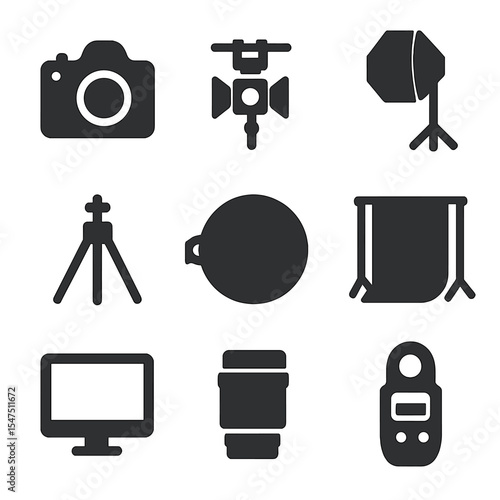 Photography Studio Icons. Solid, filled icons set of photography studio setup: DSLR camera, lighting rig,