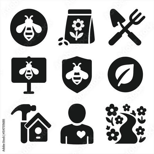 Pollinator Conservation Icons. Solid, filled icons set of conservation efforts for pollinators: bee-friendly