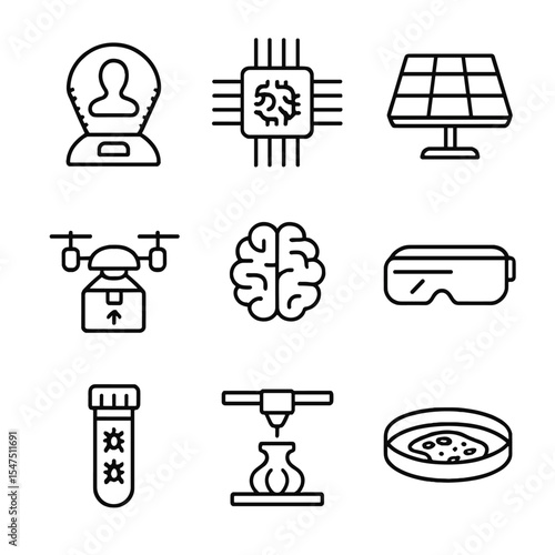 Futuristic Icon Grid. Outline icon set of future concept capsules: hologram projector, smart chip, solar panel, drone delivery, AI