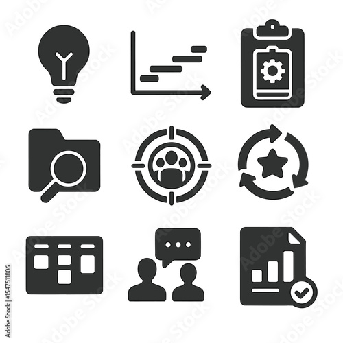 Project Learning Icons Grid. Solid, filled icons set of project-based learning: idea bulb, timeline chart,