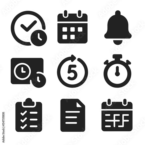 Project Time Management Icons. Solid, filled icons set of time management in projects: deadline clock,