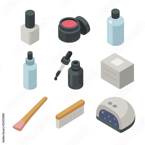 Gel Nail Icon Set. Isometric Flat icon set of gel nail products: base coat bottle, color gel pot, builder gel jar, top coat tube,