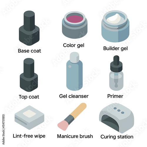 Gel Nail Icon Set. Isometric Flat icon set of gel nail products: base coat bottle, color gel pot, builder gel jar, top coat tube,