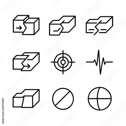 Geological Fault Icons. Outline icon set of geological fault lines: transform fault, subduction boundary, divergent crack,