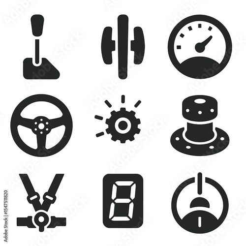 Racing Control Icons. Solid, filled icons set of racing car controls: sequential shifter, paddle switch,