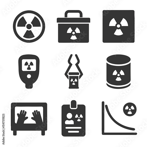 Radioactive Waste Icons. Solid, filled icons set of radioactive waste handling: radiation sign, lead box,