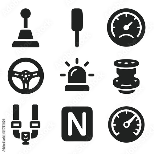Racing Control Icons. Solid, filled icons set of racing car controls: sequential shifter, paddle switch,