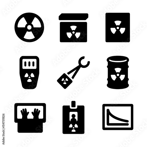 Radioactive Waste Icons. Solid, filled icons set of radioactive waste handling: radiation sign, lead box,