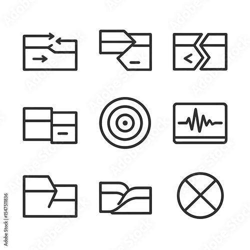 Geological Fault Icons. Outline icon set of geological fault lines: transform fault, subduction boundary, divergent crack,