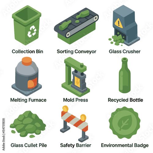 Glass Recycling Icons. Isometric Flat icon set of glass recycling workflow: collection bin, sorting conveyor, glass crusher,