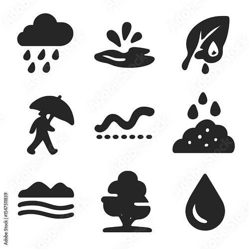 Rainy Day Icons. Solid, filled icons set of rainy day nature moments: rain cloud, puddle splash, leaf drip,