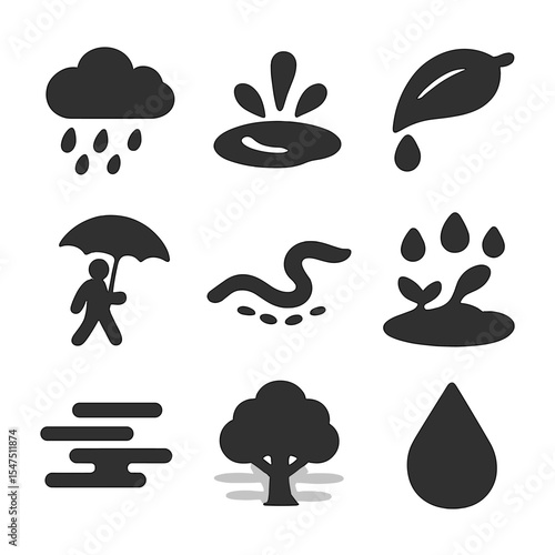 Rainy Day Icons. Solid, filled icons set of rainy day nature moments: rain cloud, puddle splash, leaf drip,