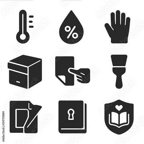 Rare Book Care Icons. Solid, filled icons set of rare book care: temperature gauge, humidity control, gloves