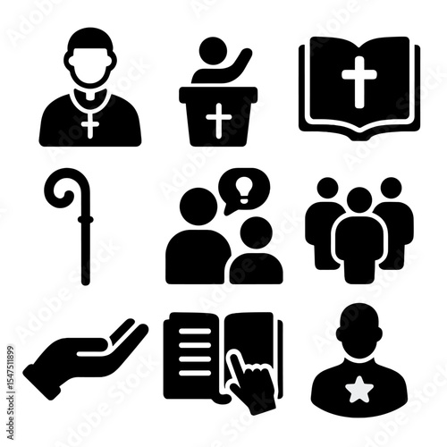 Religious Leadership Icons. Solid, filled icons set of religious leadership and guidance: clergy icon, sermon