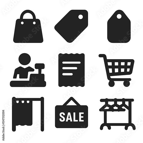 Retail Shopping Icons. Solid, filled icons set of traditional retail shopping: store bag, price tag, hang tag,