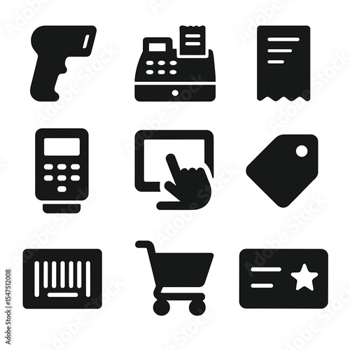 Retail Tools Icons Set. Solid, filled icons set of retail point of sale tools: barcode scanner, cash register,
