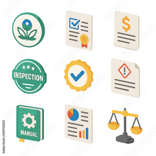 Grease Trap Compliance Icons. Isometric Flat icon set of grease trap regulatory compliance: EPA logo, compliance certificate, fine