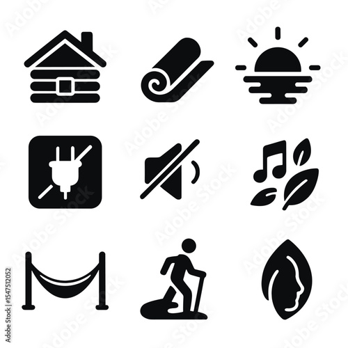 Retreat Icon Collection. Solid, filled icons set of retreat and recharge: forest cabin, yoga mat, sunrise view