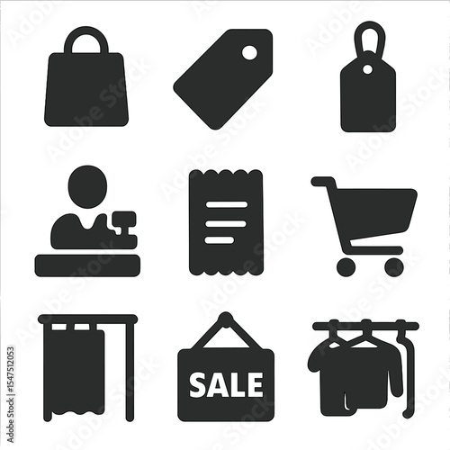 Retail Shopping Icons. Solid, filled icons set of traditional retail shopping: store bag, price tag, hang tag,