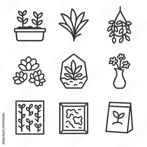 Green Workspace Icons. Outline icon set of green workspace: herb planter, air-purifying plant, succulent cluster, hanging planter,