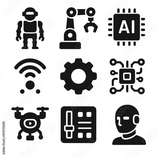 Robotic Icons Set. Solid, filled icons set of robotic advancements: humanoid robot, robotic arm, AI chip,