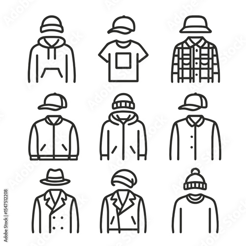 Hat and Outfit Icons. Outline icon set of Hat styling and outfits: hoodie with beanie, graphic tee and cap, flannel shirt and