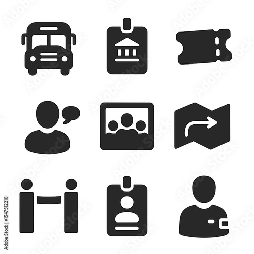School Field Trip Icons. Solid, filled icons set of school field trip icons: school bus, museum badge, ticket