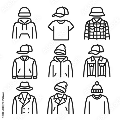 Hat and Outfit Icons. Outline icon set of Hat styling and outfits: hoodie with beanie, graphic tee and cap, flannel shirt and