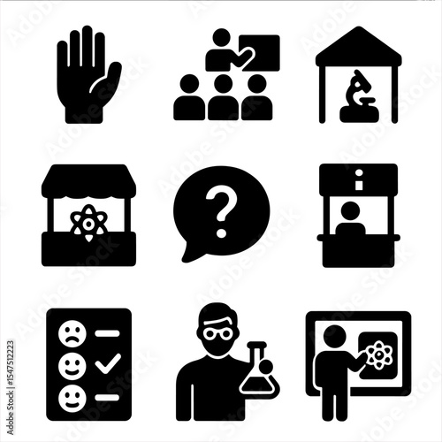 Science Engagement Icons. Solid, filled icons set of public engagement in science: raised hand, community
