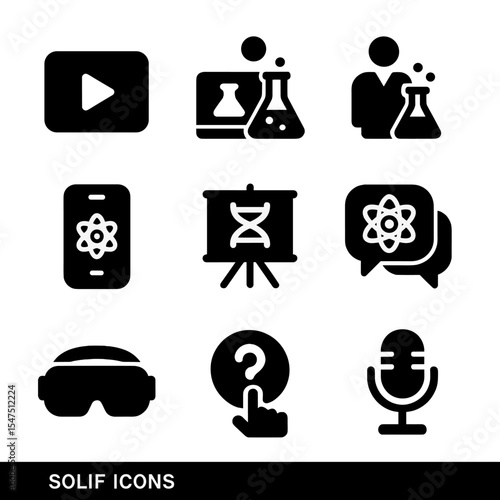 Science Media Icons. Solid, filled icons set of educational science media: video play button, science