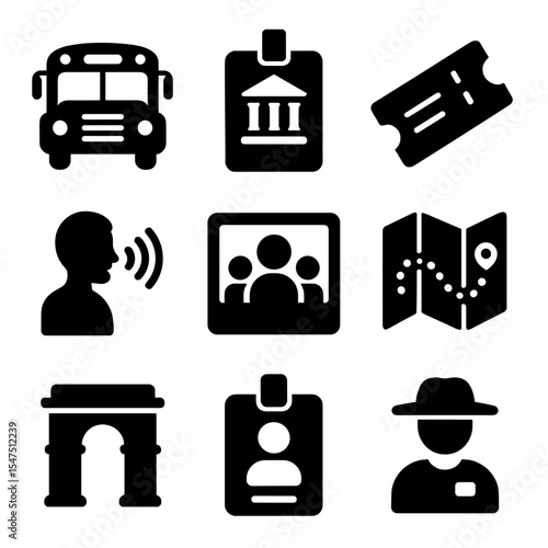 School Field Trip Icons. Solid, filled icons set of school field trip icons: school bus, museum badge, ticket