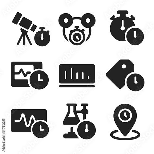 Scientific Timekeeping Icons. Solid, filled icons set of scientific applications of accurate timekeeping: