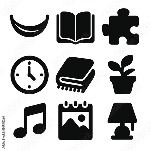 Screen-Free Relaxation Icons. Solid, filled icons set of screen-free relaxation: hammock, book icon, puzzle