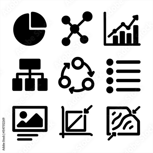 Scientific Icon Set. Solid, filled icons set of visual tools for science explanation: pie chart, molecular
