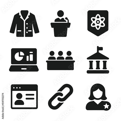 Scientist Icon Set. Solid, filled icons set of scientist public presence: lab coat icon, speaking podium,