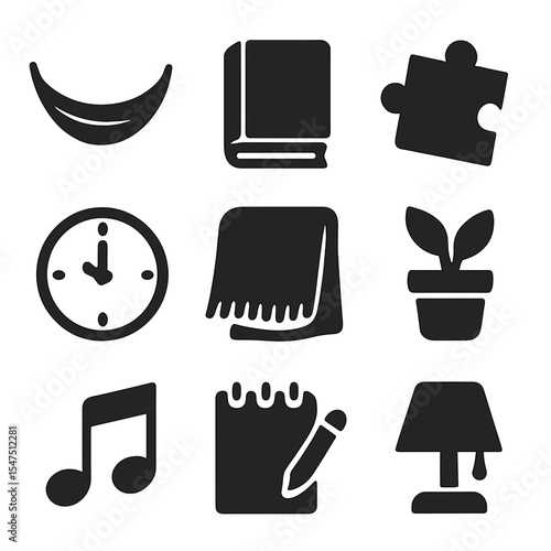 Screen-Free Relaxation Icons. Solid, filled icons set of screen-free relaxation: hammock, book icon, puzzle