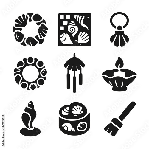 Seashell Craft Icons. Solid, filled icons set of seashell craft projects: shell wreath, mosaic tile, jewelry