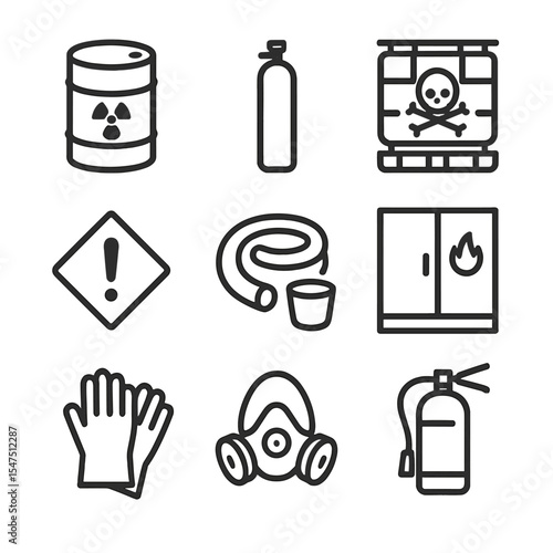Hazard Material Icons. Outline icon set of hazardous materials handling: hazard drum, gas cylinder, chemical tote, warning placard