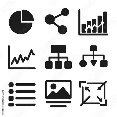 Scientific Icon Set. Solid, filled icons set of visual tools for science explanation: pie chart, molecular