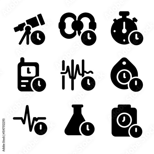 Scientific Timekeeping Icons. Solid, filled icons set of scientific applications of accurate timekeeping: