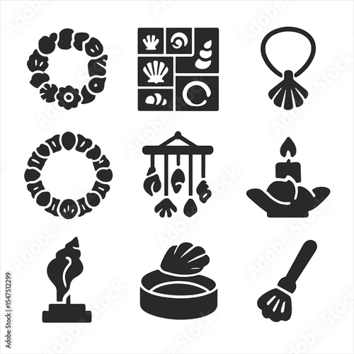 Seashell Craft Icons. Solid, filled icons set of seashell craft projects: shell wreath, mosaic tile, jewelry