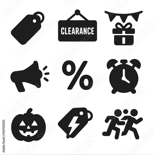 Seasonal Sales Icons. Solid, filled icons set of seasonal promotions and sales: sale tag, clearance sign,