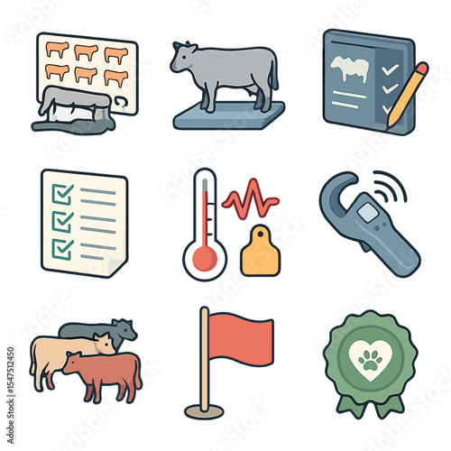 Herd Welfare Icons. Isometric Flat icon set of herd health and welfare assessment: body condition scoring chart, animal scale,