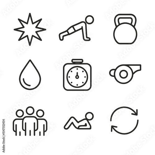 HIIT Workout Icons. Outline icon set of HIIT group workout: explosion spark, burpee silhouette, kettlebell, interval timer, sweat