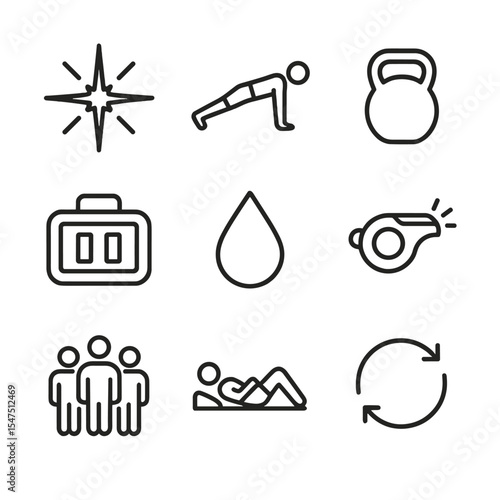 HIIT Workout Icons. Outline icon set of HIIT group workout: explosion spark, burpee silhouette, kettlebell, interval timer, sweat